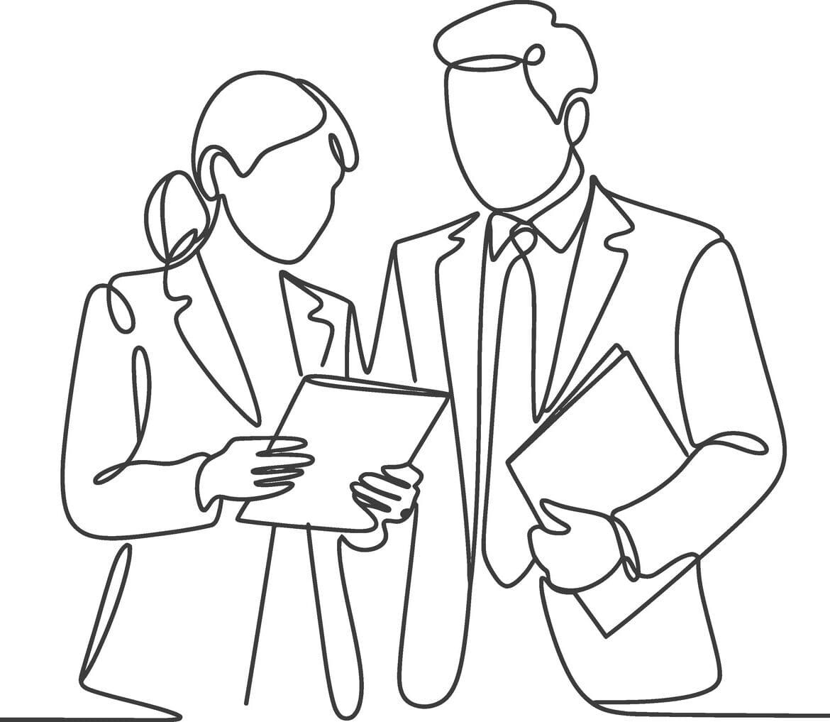 Line drawing of business people meeting Line drawing teamwork collaboration