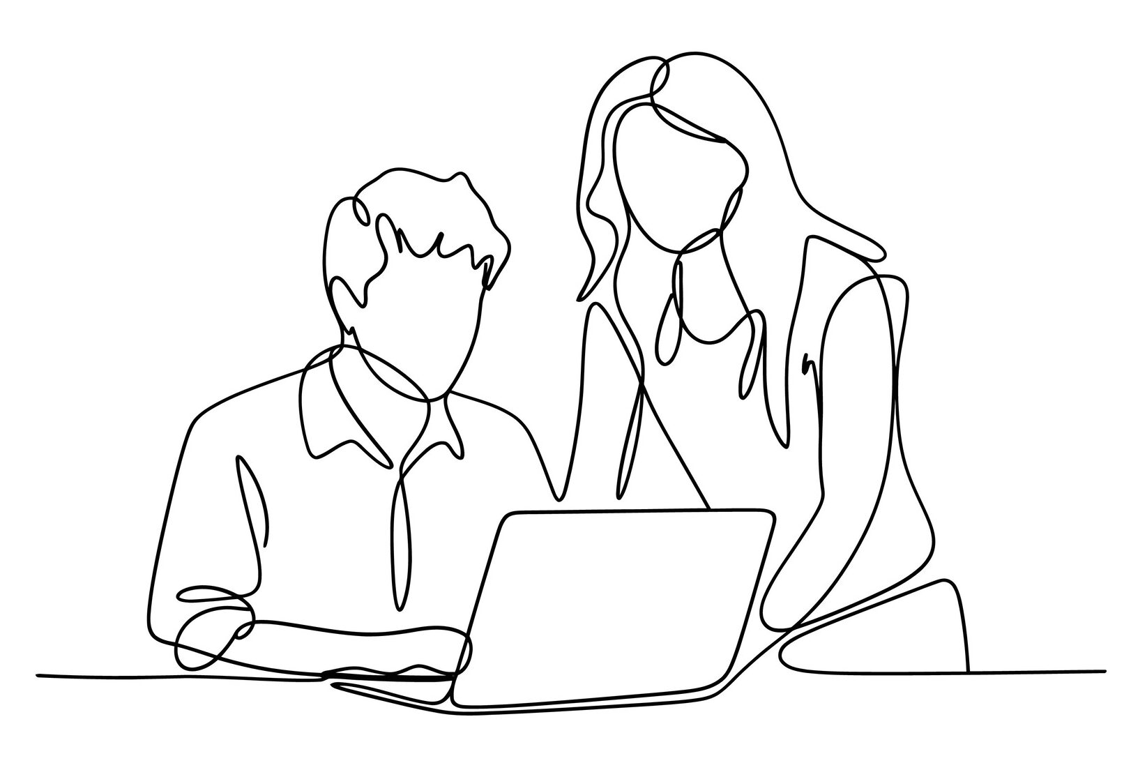 Line drawing of a man and woman working on a laptop