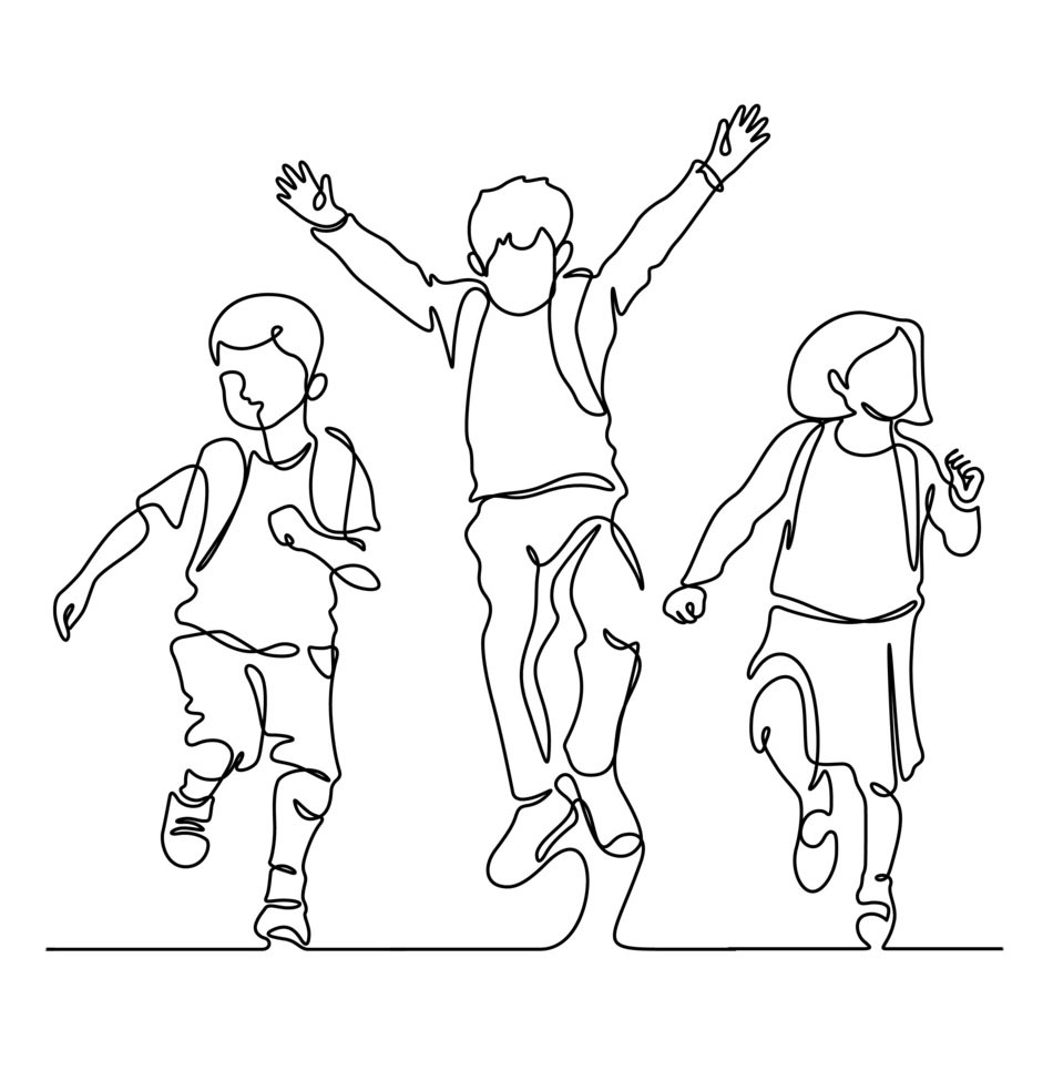 Line drawing of happy little students group