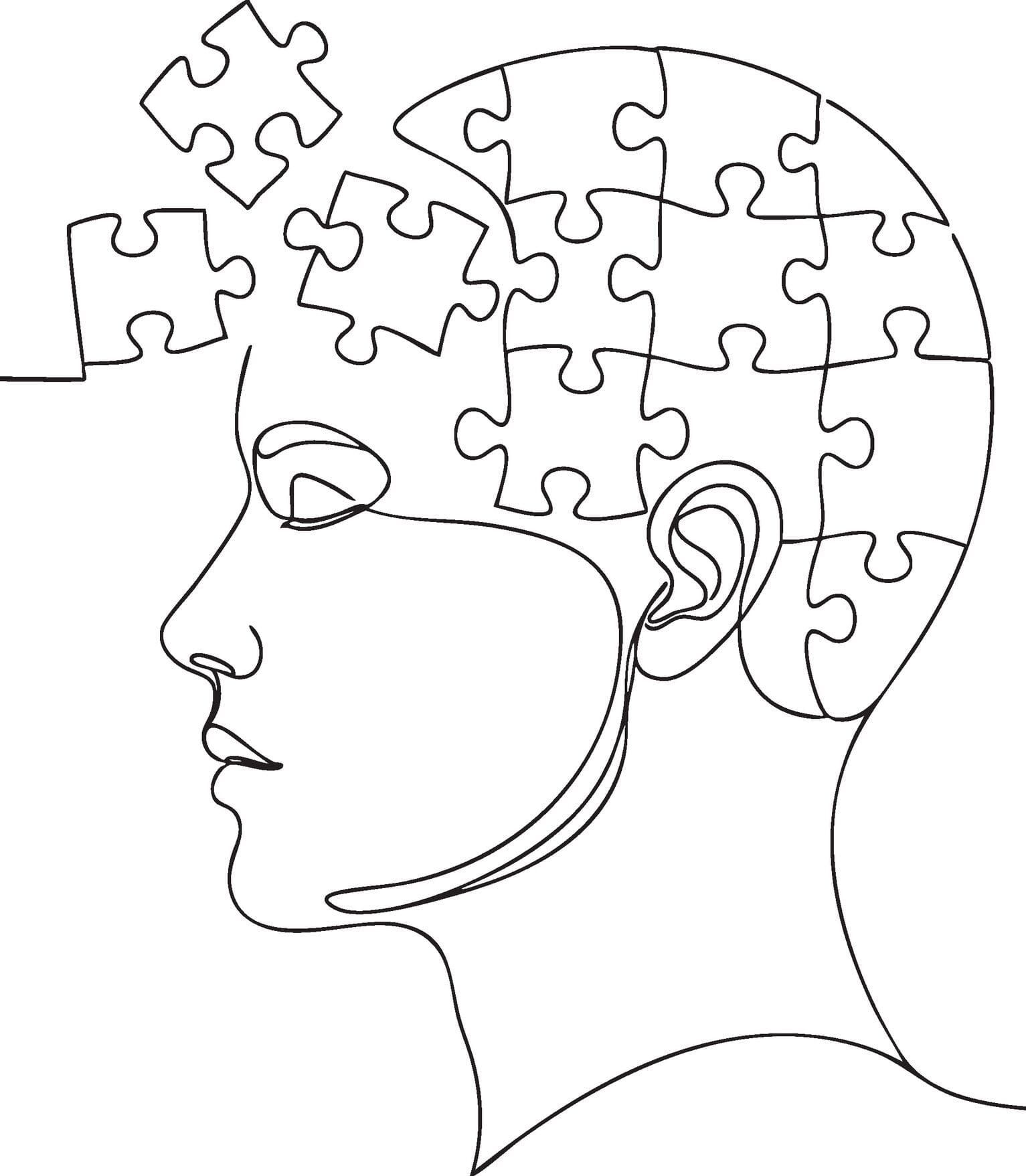 Line drawing of human head with puzzle pieces