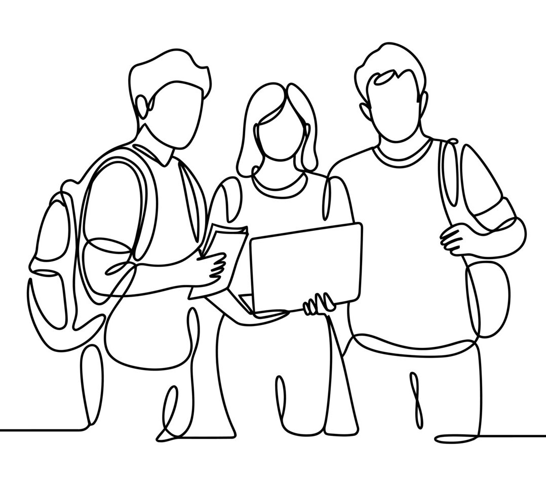 Line drawing of three students with backpacks and