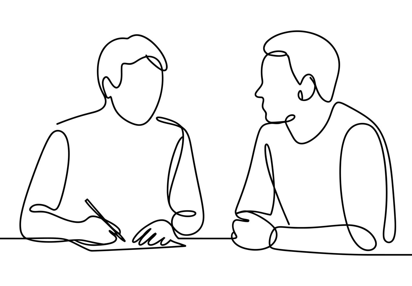 Line drawing of two people talking