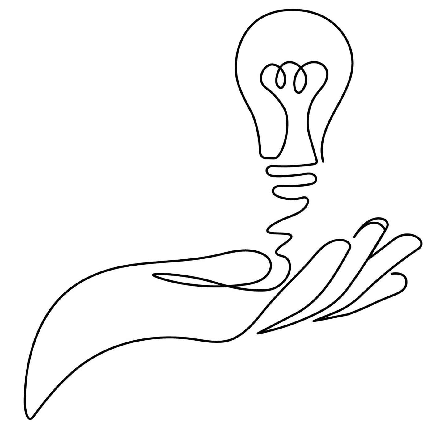 Line drawing of a hand holding a light bulb