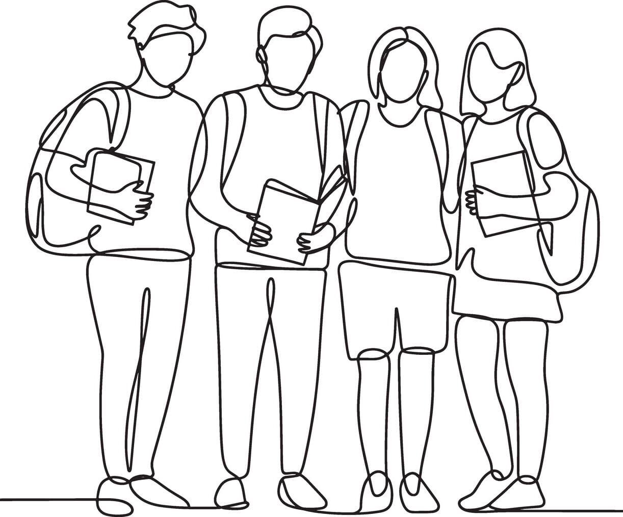 Line drawing of group of diverse young students standing together with