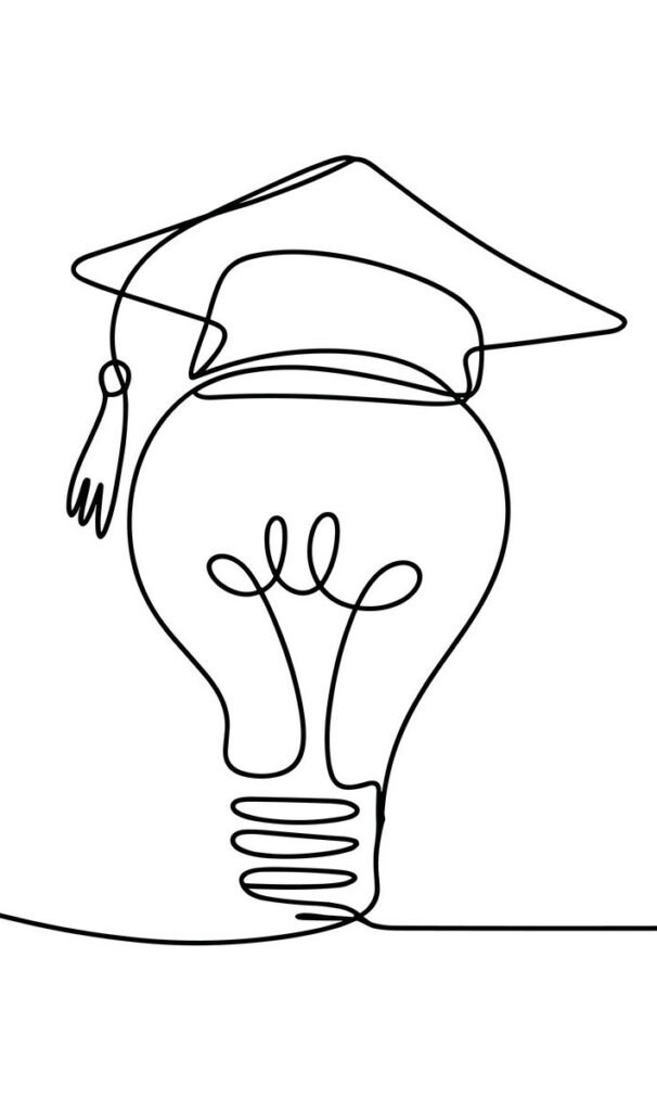 Line drawing of light bulb with graduation cap representing education and