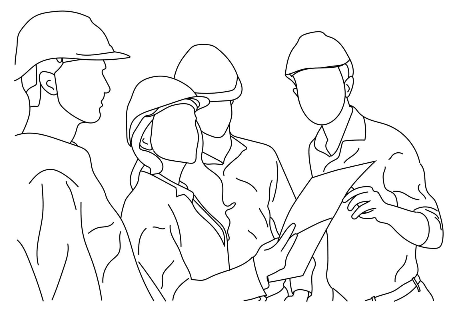 Line drawing of multiethnic architects working on construction
