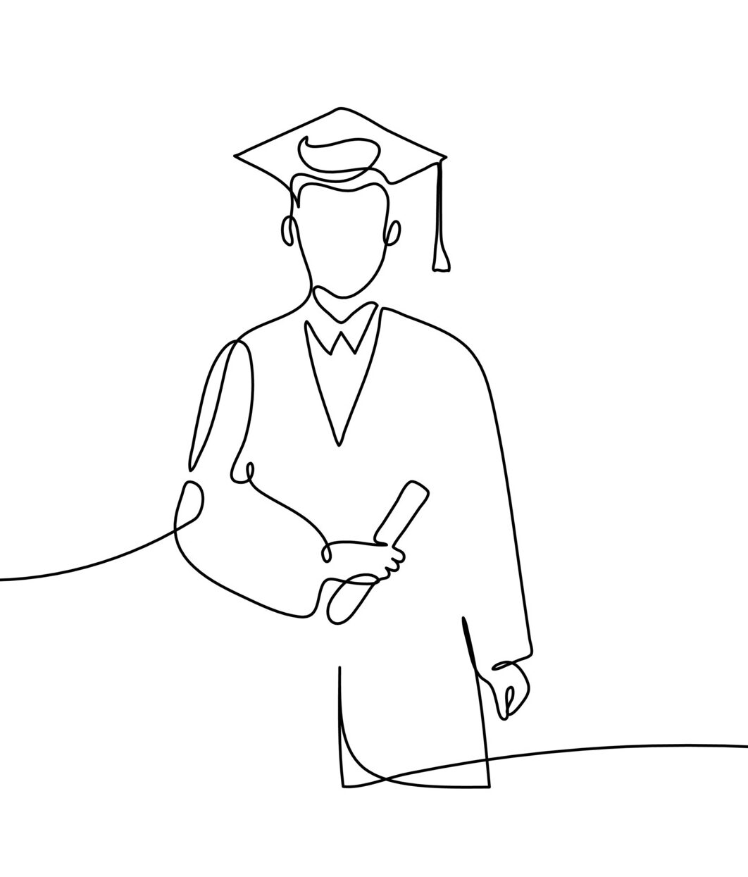 Minimalist one line drawing of a graduate holding a diploma