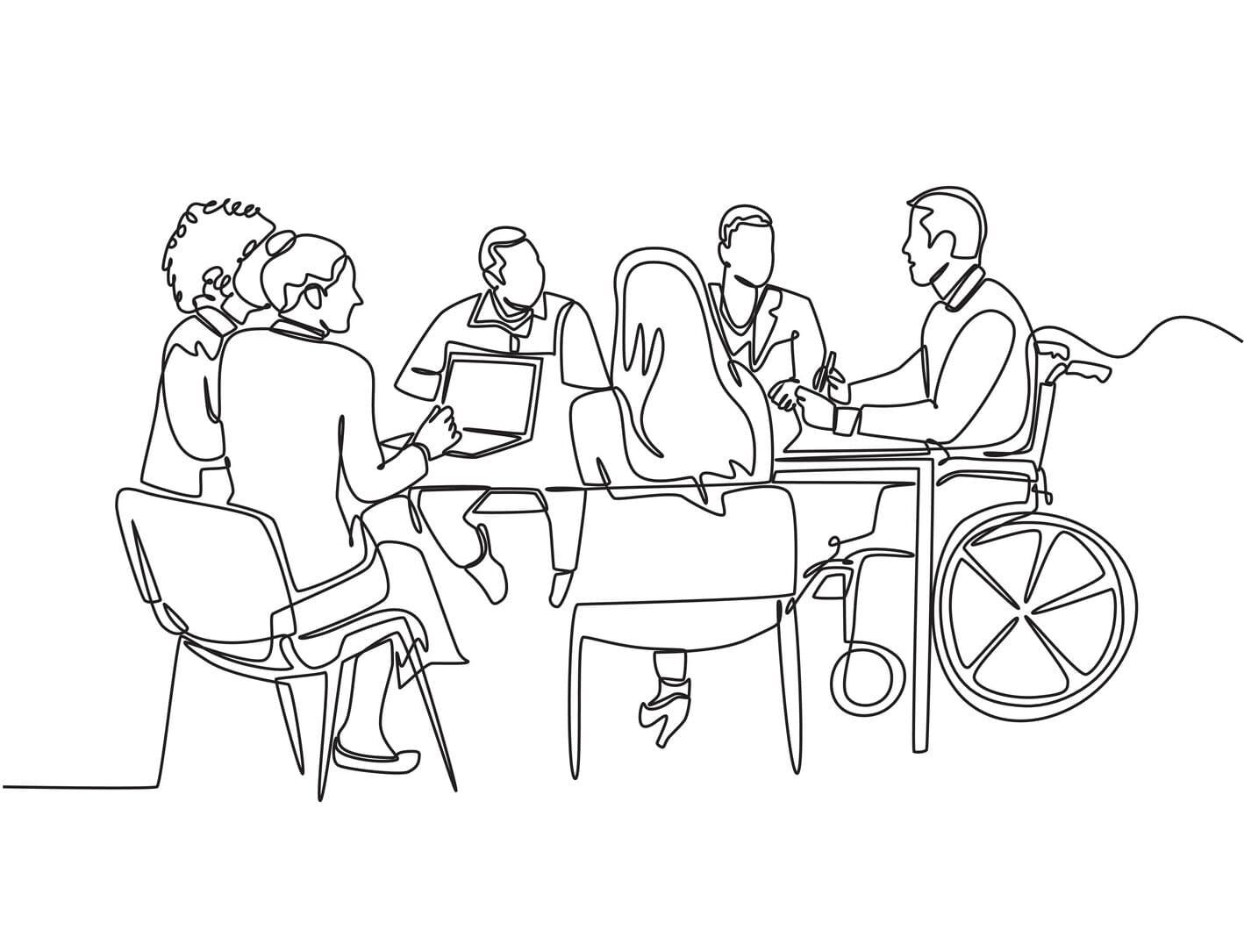 Line drawing of a disabled person working, representing workplace inclusion