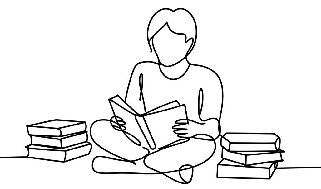 Two children reading books together, continuous line drawing