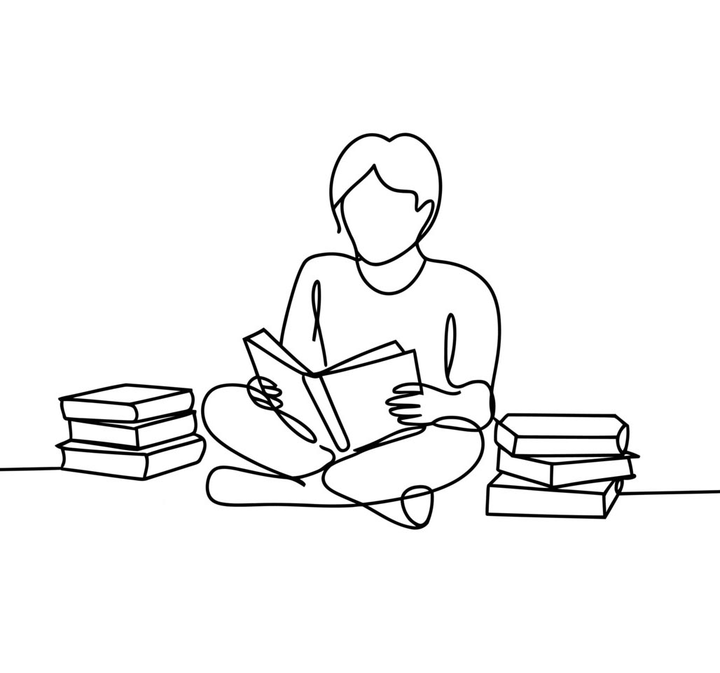 Line drawing of two children reading books together in a continuous single