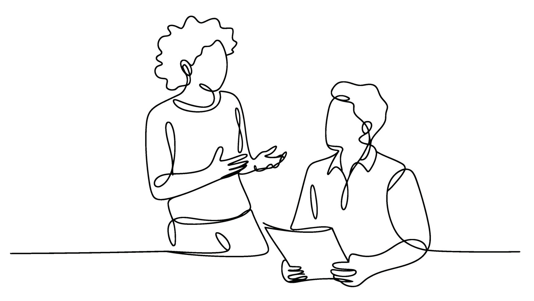Line drawing of two people one standing and one sitting talking and using