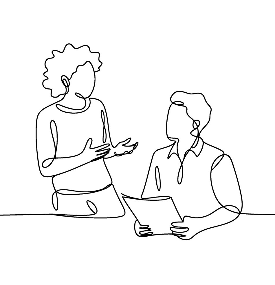 Line illustration of two people in discussion, one reading a document