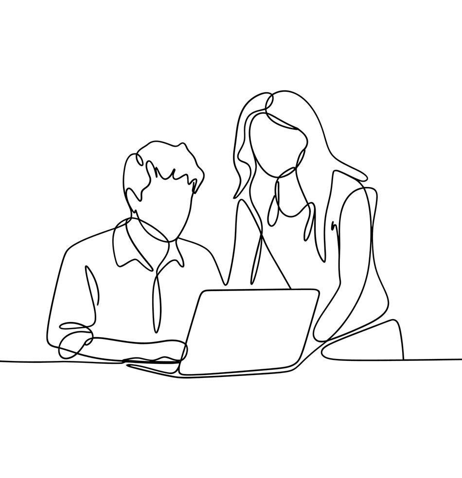 Line illustration of two colleagues working together at a laptop