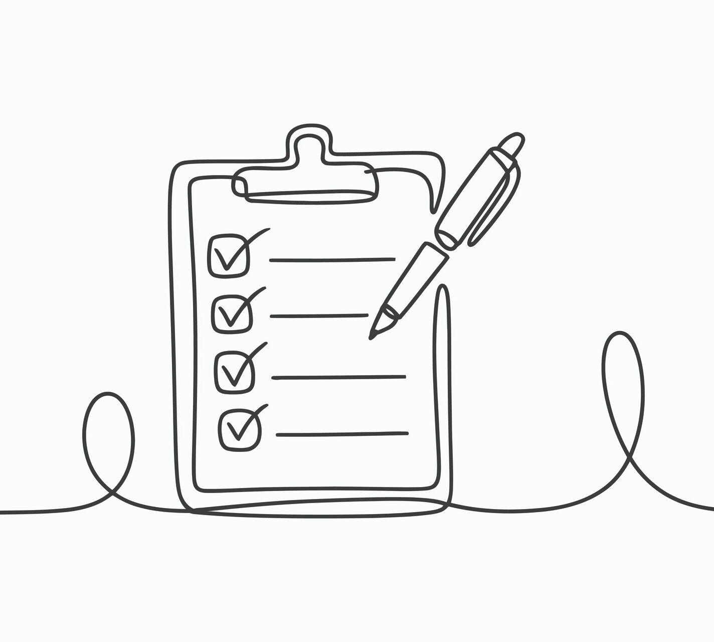 Line drawing of checklist clipboard with pen one line drawing
