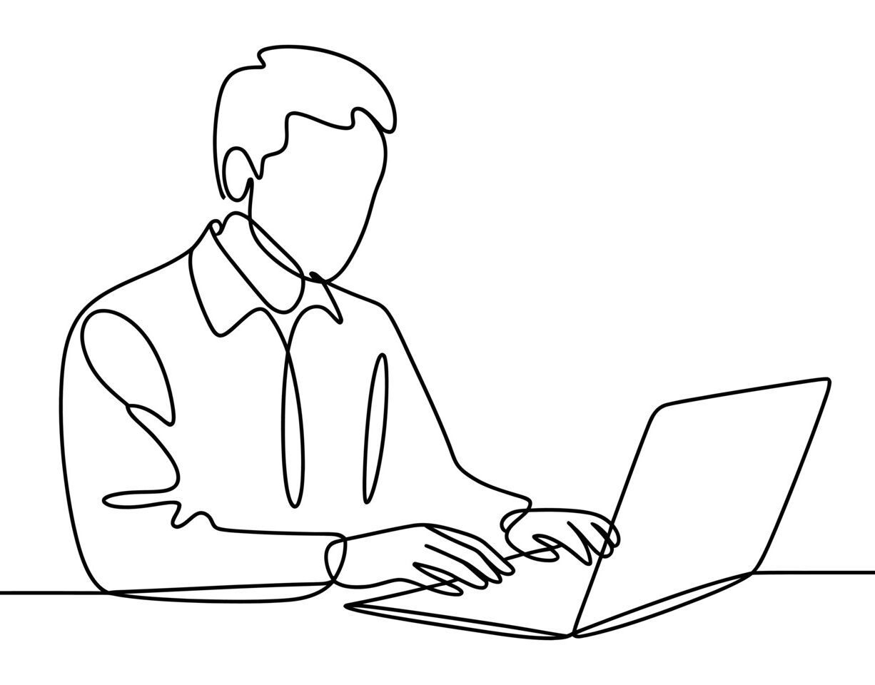 Line drawing of a man working on a laptop